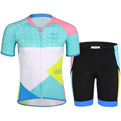 YFPICO Kinder Jungen/Mädchen Radtrikot-Set (Trikot Kurzarm+Kurz Radhose), Grün + Weiß, 122/128 Cover