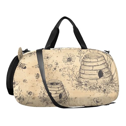 Vintage Bees Duffle Bag for Kids Girls Boys, Sports Gym Bag with Shoe Compartments, Kids Travel Overnight Weekender Shoulder Bag2