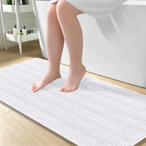 Image of OLANLY Thick Large Bathroom Rugs 50x30, Extra Soft Absorbent Chenille Striped Bath Rugs, Rubber Backing, Machine Wash Dry, Bath Mats for Bathroom Floor, Tub and Shower, Home Decor Accessories, White