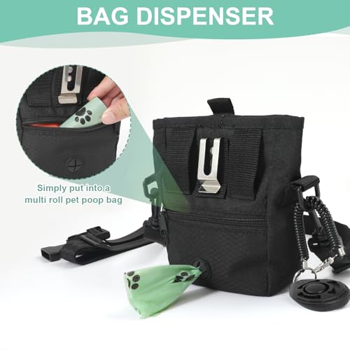 KHPR Dog Treat Pouch Magnetic Closure with Training Clicker,Hands-Free Design to Prevent Spills,Built in Poop Bag Dispenser,3 Ways To Wear,Metal Clip Waist Belt and Fanny Pack for Pet Walking(Black)