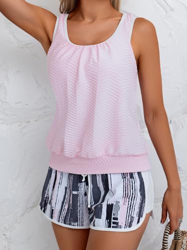 Image of Aidonger Women's Tankini Swimsuit Modest Two Piece Bathing Suit Tummy Control Athletic Blouson Tank Top with Short Bottoms