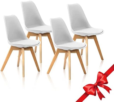 Echoamo Dining Chairs Set of 4, Mid Century Modern DSW Chair, Durable PU Cushion with Beech Wood Legs and Soft Padded Upholstered Dining Chair for Dining Room, Living Room, Bedroom, Kitchen（White）