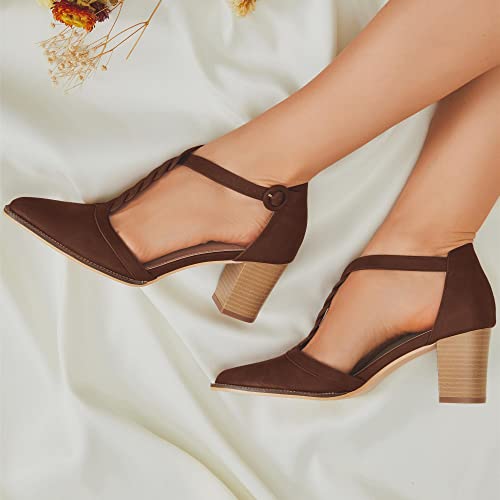 Image of Coutgo Womens Block Chunky Heels T Strap Pointed Toe Work Dress Shoes | Closed Toe Pumps, 2.6-In Stacked Heeled Sandals, Adjustable Ankle Strap, Party Prom, Wedding, Office