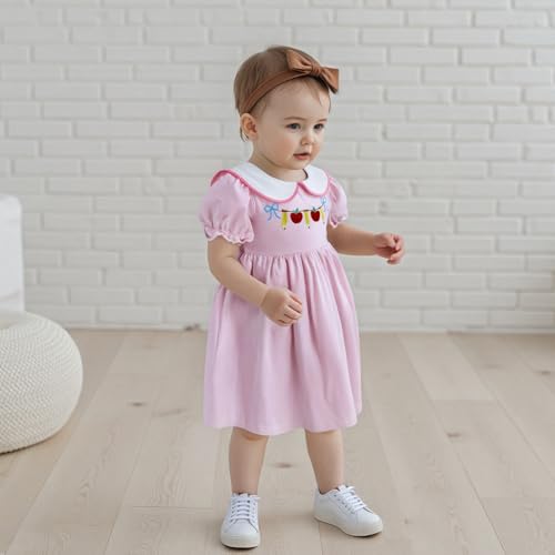 Toddler Baby Girl Back to School Outfit Apple Short Sleeve Dress Smocked Striped Dress First Day of School Pre K Clothes2