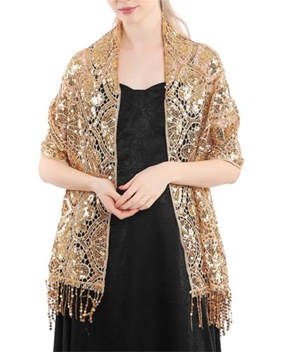 Gold Sequin Shawl Women Elegant Evening Wrap Tassels Mesh Dressy Cape Formal Elegant Wedding Cocktail Party Sparkly Stole