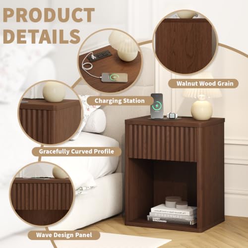Image of Fluted Nightstands Set of 2 w /Charging Station, Wooden End Table Bed Side Table with Curved Drawer, Mid Century Modern Fluted Night Stand with Rounded Edge for Bedroom, Living Room Sofa, Walnut