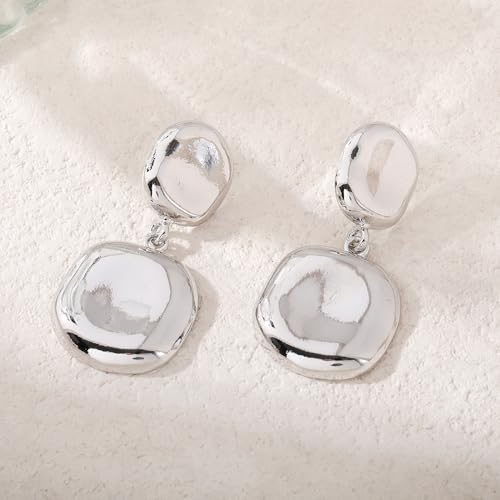 Boho Hammered Geometric Disc Metal Drop Dangle Earrings (Silver-Pierced) - image 3