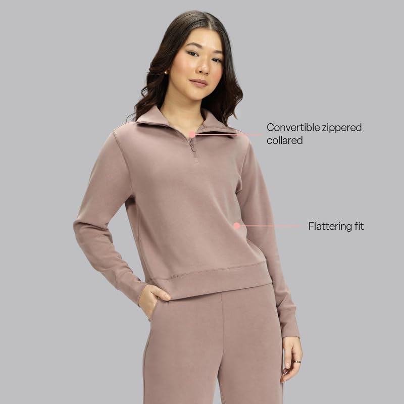 Image of BlissClub BareButter Pullover with Zip Marshmallow Comfort Relaxed fit Funnel Neck Cuffed Sleeve Luxurious Feel