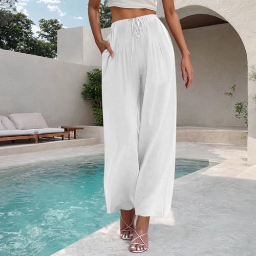 Cotton Linen Pants for Women Summer 2025 Wide Leg Baggy Travel Outfits Ladies Boho Beach Palazzo Flowy Pants Loose2