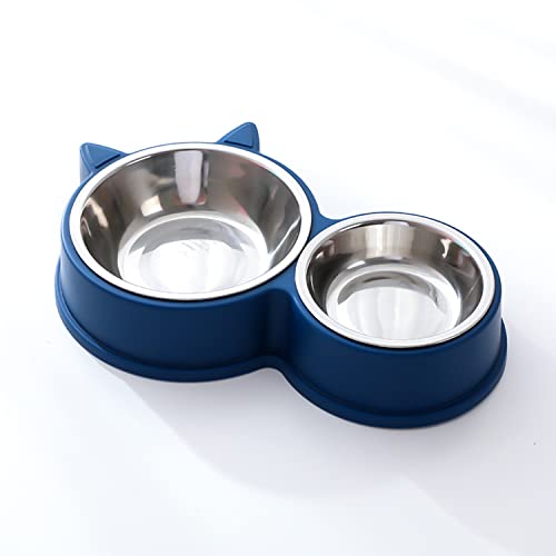 DOMI PRO Gamelle pour Chat, Gamelles Doubles, Gamelle Chat en Acier Inoxydable Ensemble, Mangeoirs et Abreuvoirs pour Chat Chiots Hamsters Lapins Petits Animaux(Bleu) Cover
