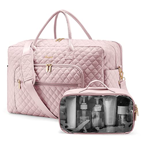 Image of LOVEVOOK Travel Duffle Bag, Weekender Bag for Women with Toiletry Bag Carry on Overnight Bag with Laptop Compartment, Yoga Gym Bag with Wet Pocket Shoe Bag, Hospital Bag for Labor and Delivery, Pink