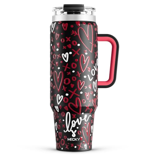 Image of Meoky 40 oz Tumbler with Handle and Straw, Insulated Tumbler with Lid and Straw, Stainless Steel Travel Mug, Keeps Cold for 34 Hours, 100% Leak Proof, Fits in Car Cup Holder (Romance)