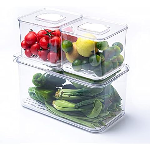 BEEHOMEE Kitchen Food Storage Containers - Plastic Fruit Storage Containers For Fridge Organizing, Toddler Snack, Containers Bins with Valve and Removable Drain Board Cover