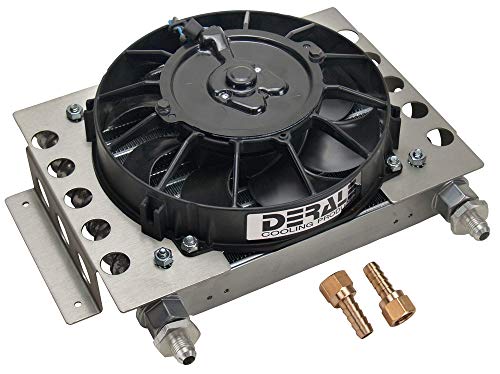 Derale Performance Fluid Cooler and Fan 12.75 x 9.375 x 4.313 in Plate and Fin Type 5/8-18 in Female O-Ring Inlet/Outlet 6 AN Male Adapters Fittings Aluminum Black Powder Coat Universal