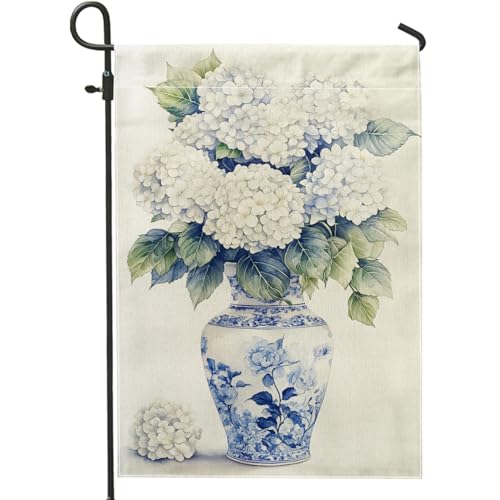 Elegante bandera de jardín de hortensias blancas, banderas florales azules para decoración del hogar, patio, decoración de césped al aire libre, decoración rústica de jardín para todas las estaciones