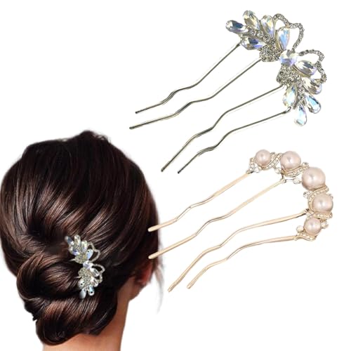 WHYCNJL 2 Stück French Twist Haarnadeln mit Perlen und Strasssteine füR Dickes Haar,French Haarnadeln füR Frauen,Duttnadeln füR Haare,Chignon-Haarnadel-Werkzeug füR MäDchen, Styling-ZubehöR