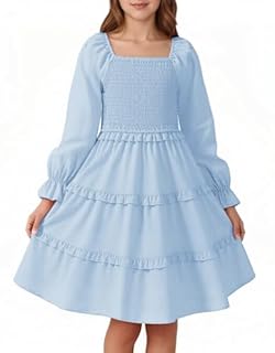 JiAmy Girls Dresses Long Sleeve, Tiered Elegant Kids Party Dress, Elastic Square Neck Fall Tween Girl Clothing with Side Pockets for 9-10 Years, Light Blue
