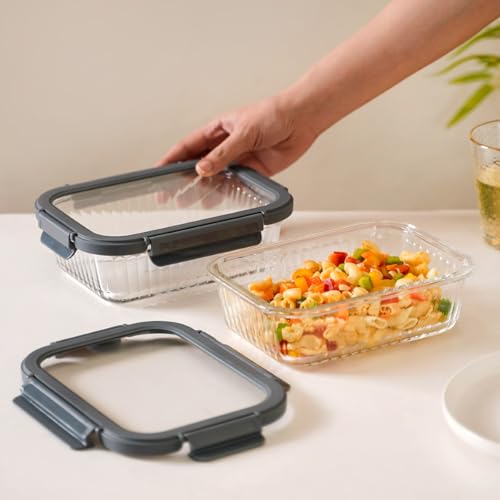 Image of Nestasia Glass Lunch Box for Women and Men (Set of 2-1040ml Each) - Borosilicate Rectangular Clear Lunch Box for Office Use, Microwave Safe, Airtight Tiffin Containers with Safety Lock