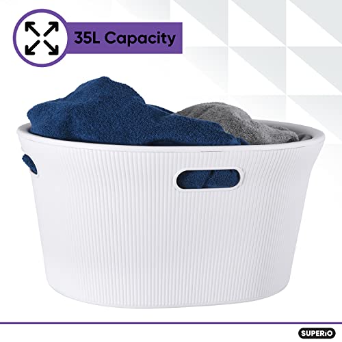 Image of Superio Ribbed Collection - Decorative Plastic Laundry Basket with Cut-Out Handles, White Smoke (1 Pack) Hamper Organzier for Bedroom Bathroom College Dorm Room 35 Liter