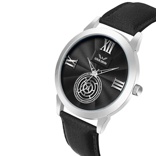 Image of LOUIS DEVIN Black /Blue /Brown /Green Leather Strap Analog Wrist Watch for Men (Black /Blue /Brown /Green /White Dial) | LD-GR079