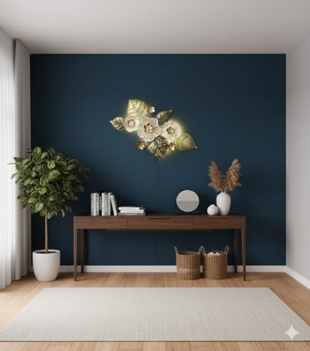 Image of Bharat Art Metal White Flower Wall Art with LED Light for Living Room | Handcrafted Iron Flower Wall Hanging Home Decoration for Bedroom, Hall, Office & Entrance | 47X2X24 | Tornado WD071 (B)