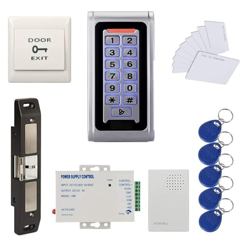 MENGQI-CONTROL Waterproof Metal RFID+PIN Code Door Security Access Control System Kits with Push Bar Strike Lock,110V-240V Power Supply Unit,Exit Button,RFID Cards/Key Fobs
