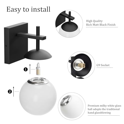 Image of Ralbay Black Indoor Wall Sconces Set of 2,Mid Century Modern Bathroom Wall Lighting Fixtures Milky Glass Wall Lamp for Bedroom Living Room Vanity Hallway, Matte Black (Exclude Bulb)