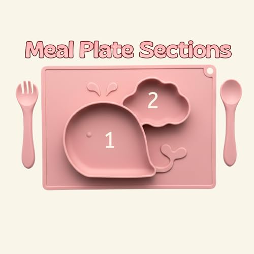 Image of Silicone Baby Meal Plate Set with Spoon & Fork | Whale Shaped | Strawberry Pink Colour | 2 Section Divided Plate for Toddlers | Food Grade Kids Feeding Set | Microwave Dishwasher Safe