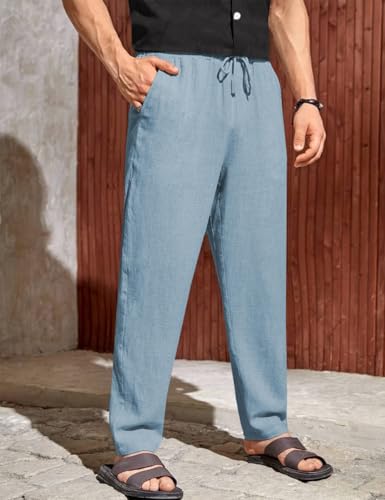 Image of TOPLOT Men's Premium Linen Blend Pants | Lightweight Breathable Fabric | Elastic Waist with Drawstring | Straight Fit | Side Pockets | Perfect for Casual, Holidays & Travel (5268)
