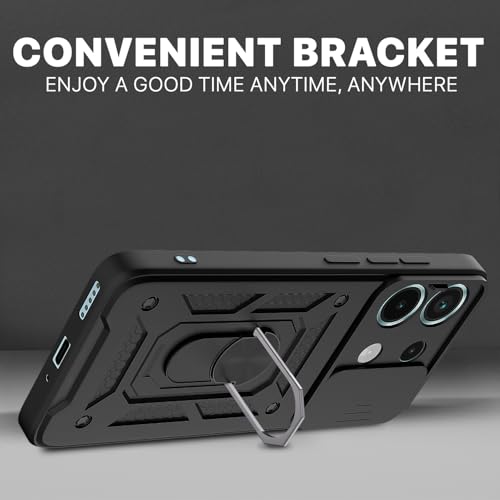 Image of Outlouders Back Cover for Redmi Note 13 Pro 5G / Poco X6 5G | D10 Tough Armor 360 Protection Case with Sliding Camera Shield & Ring Holder Stand Bumper Case (Black)