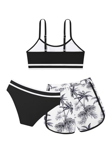 Image of Girls Swimsuit 3 Piece Bathing Suit Printed Sport Bikini Set with Shorts Summer Beach Swimwear for Teen Girls 9-16T