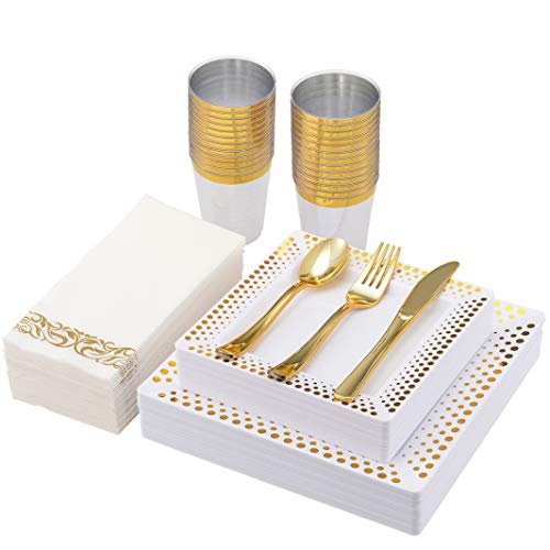 Vplus 175PCS White Square Plastic Plates with Gold Dots, Disposable Dinnerware Set Include 25 Dinner Plates,25 Dessert Plates,25 Forks,25 Knives,25 Spoons,25 Cups,25 Napkins