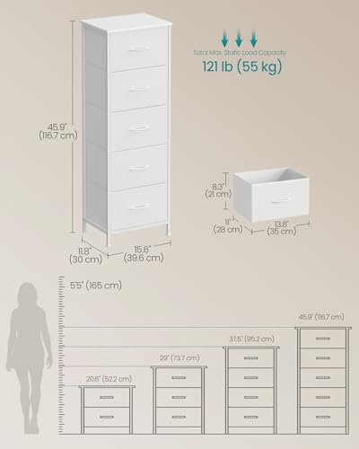 Image of SONGMICS BELLAH Collection - Dresser for Bedroom, Chest of Drawers, Storage Organizer Unit, Closet, Entryway, Steel, 5 Drawers, Modern, Cloud White and Snow White ULGS315W01S