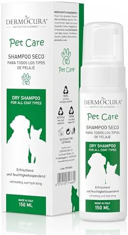 Dermocura Champú en Seco para Perros y Gatos Nutritivo e Higienizante para Pelo Largo y Corto - Champú para Perros sin Aclarado | Fragancia Duradera con Acción Anti-Irritación y Anti-Picazón 150ml
