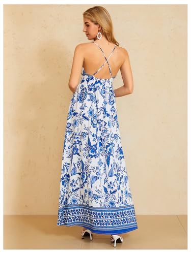 Image of MakeMeChic Women's Boho Maxi Dress Summer Luau Outfits Beach Wedding Guest Backless Sundress Flowy Resort Wear