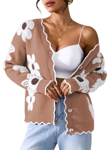 Pink Queen Soft Cardigan Sweaters for Women Casual Loose Open Front Long Sleeve Button Up V Neck Fluffy Knit Floral Sweater Outfits Classic Coffee L