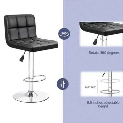 Butaco Set de 2, Moderno en Cuero PU, Giratorio, Altura Ajustable, Asiento Cuadrado Acolchonado con Respaldo, Negro, para Isla de Cocina miniatura 4