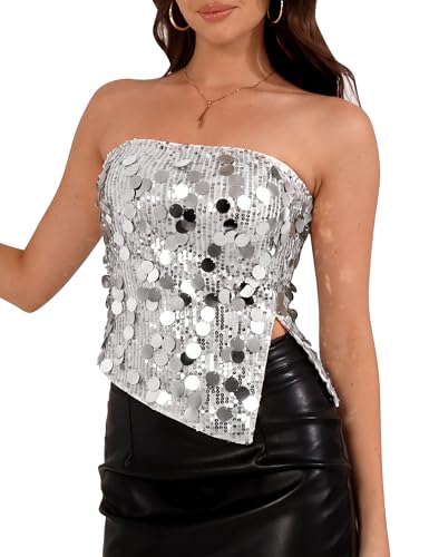 Sequin Top for Women Sparkle Sleeveles Split Crop Tube Top Glitter Mermaid Disco Cocktail Party Club Night Silver S