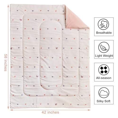 Image of JHXHMX 4 Pieces Toddler Bedding Set,Pink Heart Toddler Comforter Sets for Girls,Soft Crib Bed Sheets Set Includes Quilted Comforter,Fitted Sheet,Flat Top Sheet and Envelope Pillowcase
