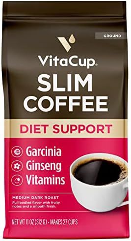 VitaCup Slim Ground Coffee, Diet Support with Ginseng, Garcinia, B Vitamins, Medium Dark Roast, Bold and Smooth,100% Arabica Specialty Coffee Grounds, 11oz