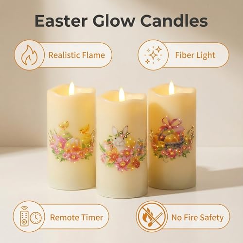 Image of Eywamage Fiber Optic Spring Flameless Candles with Remote, Flickering Easter LED Pillar Candles Battery Operated Set of 3