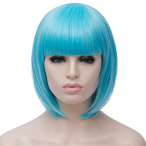 Blue Bob Wig Short Hair Wigs with Bangs Womens Straight Synthetic Wig Natural As Real Hair 12'' with Wig Cap BU027BL