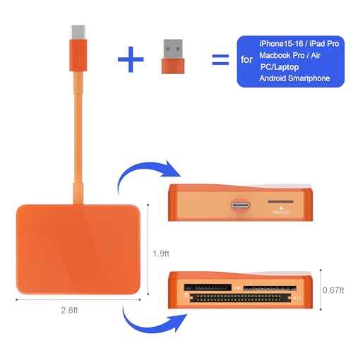 Image of SD Card Reader, 4 in 1 USB C to SD /TF /CF /MS Card Reader with USB to USB C Adapter Memroy Card Reader for iPhone 17 /16 /15 Pro Max iPad Pro MacBook Pro /Air iMac M4 /M3 Android Phone /Tablet PC (Orange)