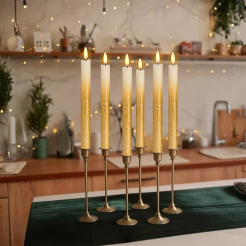 Image of Gold Flameless Taper Candles Battery Operated with Remote Timer Set of 6 Flickering LED Taper Candles Real Wax 3D Wick Real Wax Dinner Wedding Holiday Decor(0.78 inch D x 9.64 inch H)