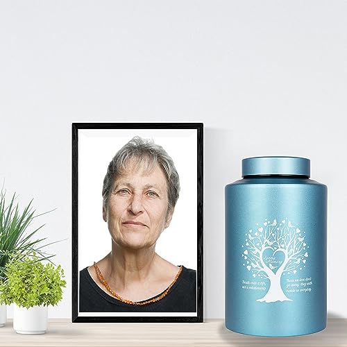 Stylitzy Urn for Human Ashes Adult Male Female Memorial Cremation Urn Large Up to 220lbs Decorative Funeral Burial Metal Urns Life Tree Design, Lake Blue