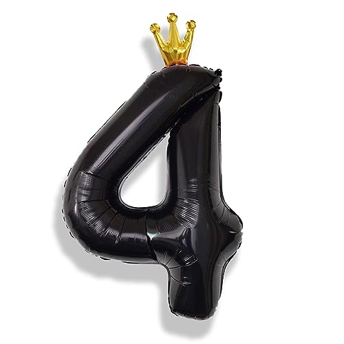 Image of Crown Number Balloons 4 for Kids, Large Black Number Balloon 0-9 Set, Foil Helium Self Inflating 40 Inch Balloons for Girls 4th Birthday Party Decor Anniversary Party Decoration Boys Supplies