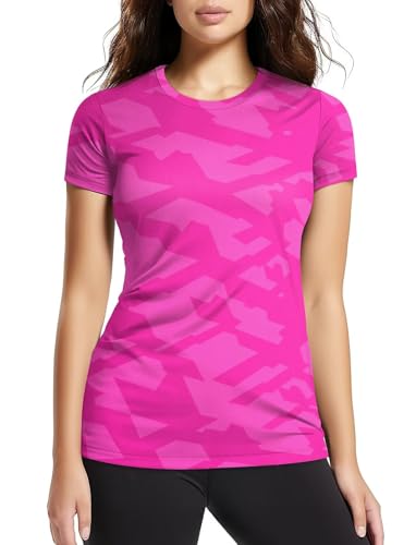 Athletic Tops for Women Short Sleeve Fitted Printed Workout Exercise Shirts Moisture Wicking Tees(Fuchsia,XS)