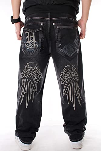 Ruiatoo Mens Jeans Fashion Skateboard Pants Snake Embroidery Baggy Jeans Hip Hop Denim Black Trousers2