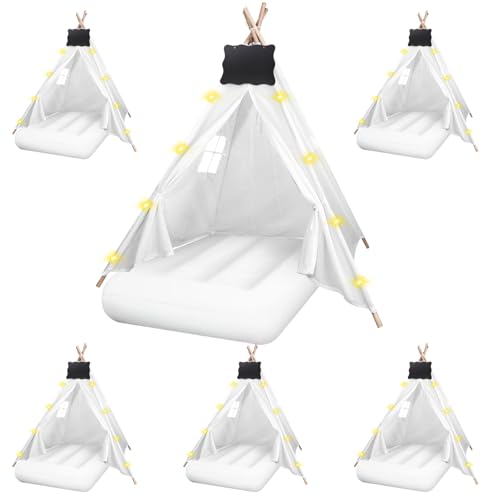 6 Pcs Kids Teepee Tent Bulk with Light String Inflatable Airbed Bedding Fitted Sheet and Markeable Small Blackboards for Boys Girls Indoor Outdoor Slumber Party (White)