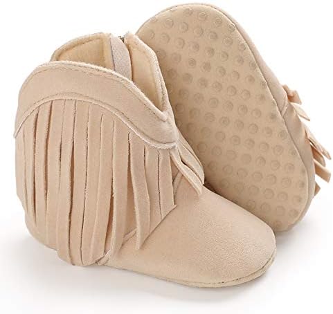 SOFMUO Baby Girls Cowboy Tassel Boots with Side Zipper Moccasins Non Slip Infant Booties Suede Toddler First Walker Shoes(Beige,12-18 Months)
